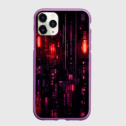 Чехол iPhone 11 Pro матовый Киберпанк светящиеся красные элементы / 3D-Фиолетовый – фото 1