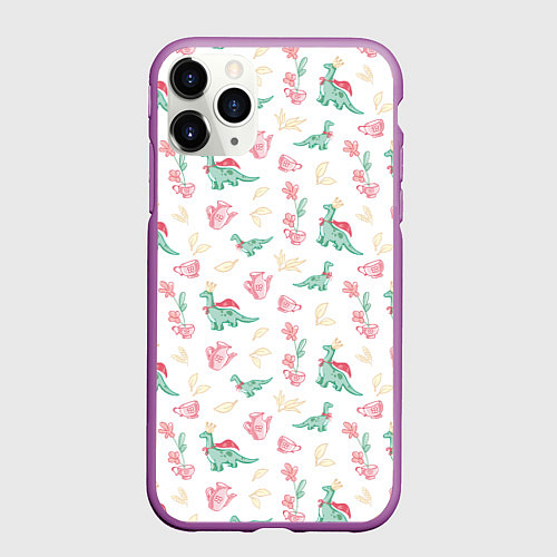 Чехол iPhone 11 Pro матовый Чаепитие с игрушечным динозавром паттерн / 3D-Фиолетовый – фото 1