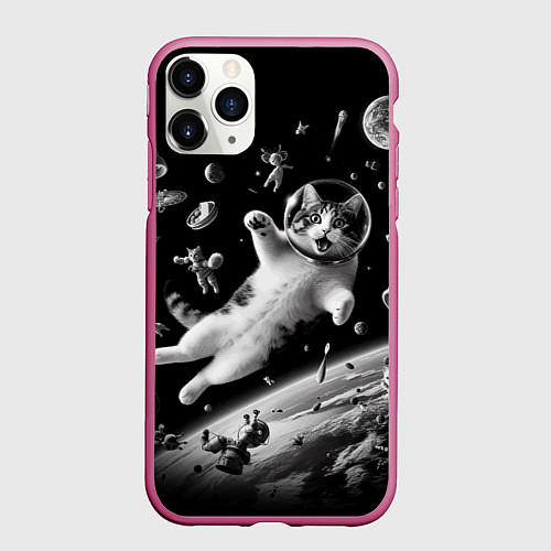 Чехол iPhone 11 Pro матовый Офигевший котейка в безвоздушном пространстве / 3D-Малиновый – фото 1