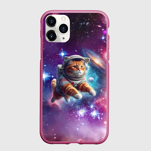 Чехол iPhone 11 Pro матовый Котик смелый космонавт - нейросеть / 3D-Малиновый – фото 1