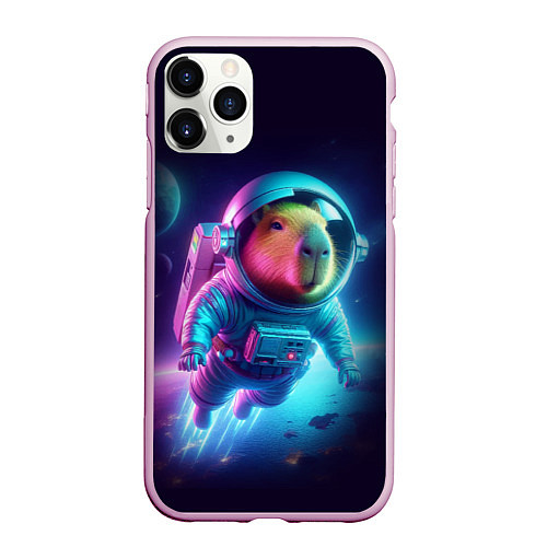 Чехол iPhone 11 Pro матовый Полёт капибары в космосе - неон / 3D-Розовый – фото 1