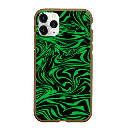 Чехол iPhone 11 Pro матовый Узор на черном фоне с ярким зеленым абстрактным ди