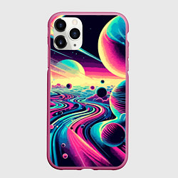Чехол iPhone 11 Pro матовый Неоновый космос - нейросеть, цвет: 3D-малиновый