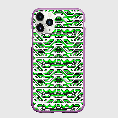 Чехол iPhone 11 Pro матовый Техно броня зелёно-белая / 3D-Фиолетовый – фото 1