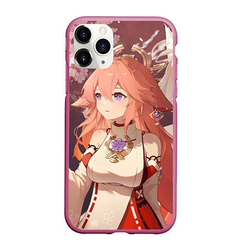 Чехол iPhone 11 Pro матовый Genshin Impact Яэ Miko smile kitsune / 3D-Малиновый – фото 1