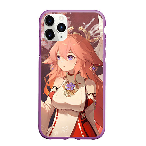 Чехол iPhone 11 Pro матовый Genshin Impact Яэ Miko smile kitsune / 3D-Фиолетовый – фото 1