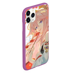 Чехол iPhone 11 Pro матовый Genshin Impact Яэ Miko smile kitsune, цвет: 3D-фиолетовый — фото 2