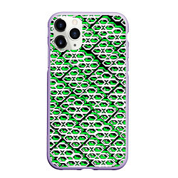 Чехол iPhone 11 Pro матовый Зелёно-белый узор на чёрном фоне, цвет: 3D-светло-сиреневый