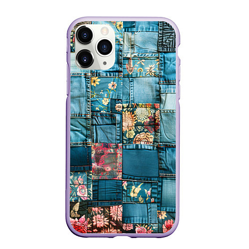 Чехол iPhone 11 Pro матовый Джинсовые лоскуты с цветочками / 3D-Светло-сиреневый – фото 1