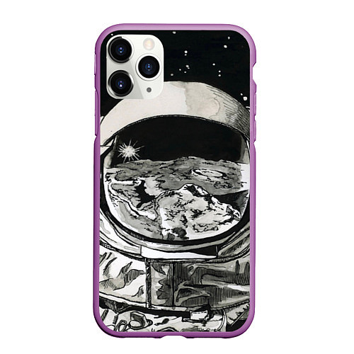 Чехол iPhone 11 Pro матовый Космонавт в черно-белом мире / 3D-Фиолетовый – фото 1