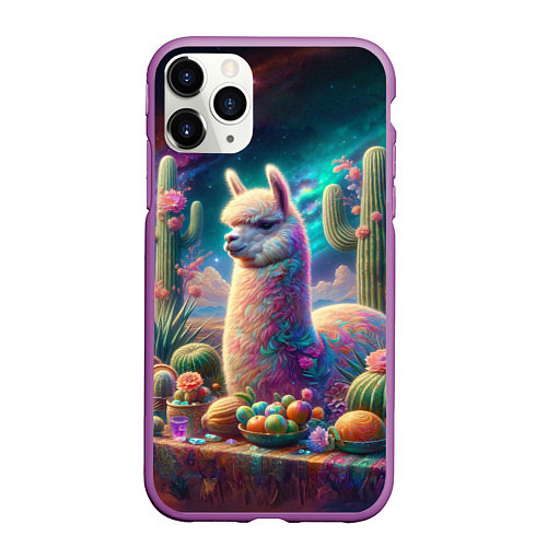 Чехол iPhone 11 Pro матовый Альпака и кактусы на столе / 3D-Фиолетовый – фото 1