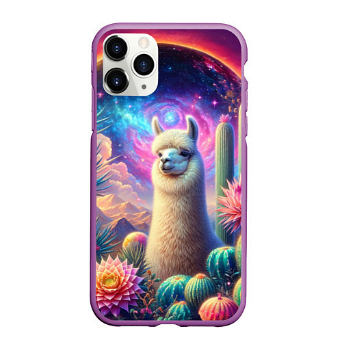 Чехол iPhone 11 Pro матовый Альпака в кактусах и портал / 3D-Фиолетовый – фото 1