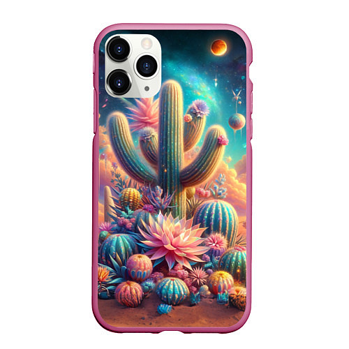 Чехол iPhone 11 Pro матовый Кактусы цветущие под космическим небом / 3D-Малиновый – фото 1