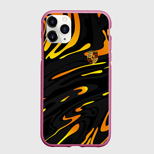 Чехол iPhone 11 Pro матовый Porsche - Желтые разводы / 3D-Малиновый – фото 1