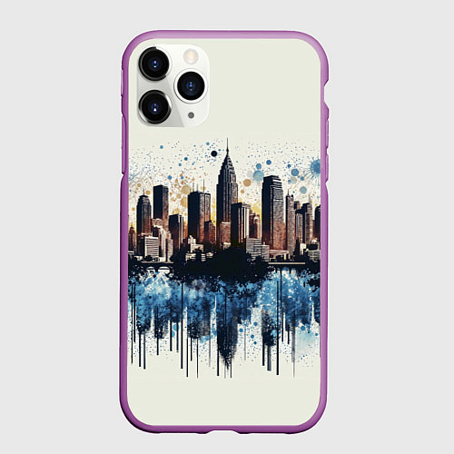 Чехол iPhone 11 Pro матовый Небоскребы в брызгах синей краски / 3D-Фиолетовый – фото 1