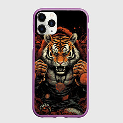 Чехол iPhone 11 Pro матовый Муай- Тай тигр в стойке боевые искусства, цвет: 3D-фиолетовый