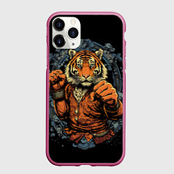 Чехол iPhone 11 Pro матовый Тигр в стойке тайский бокс, цвет: 3D-малиновый