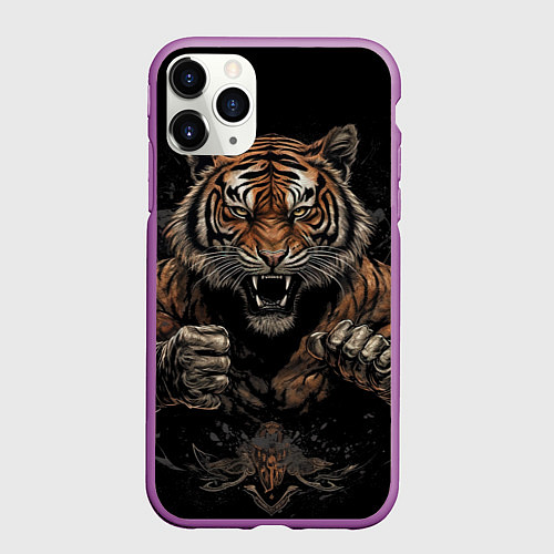 Чехол iPhone 11 Pro матовый Муай-Тай боевой тигр в перчатках / 3D-Фиолетовый – фото 1