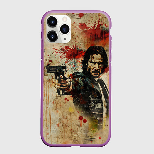 Чехол iPhone 11 Pro матовый Джон Уик с пистолетом в стиле гранж / 3D-Фиолетовый – фото 1