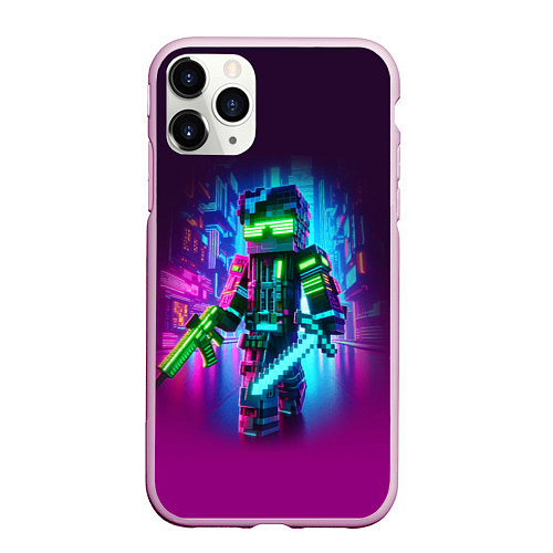 Чехол iPhone 11 Pro матовый Cyberpunk and Minecraft - collaboration ai art / 3D-Розовый – фото 1