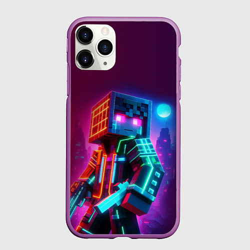 Чехол iPhone 11 Pro матовый Cyberpunk and Minecraft - collaboration ai art / 3D-Фиолетовый – фото 1