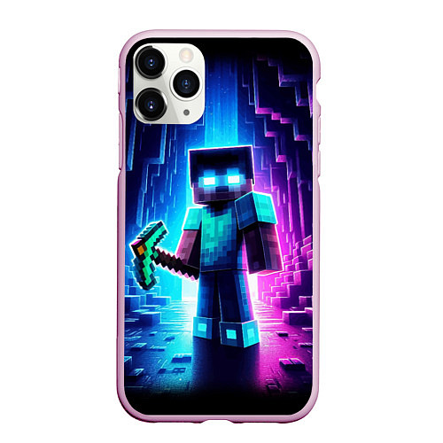 Чехол iPhone 11 Pro матовый Minecraft - neon character ai art / 3D-Розовый – фото 1