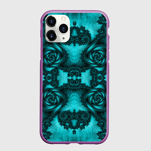 Чехол iPhone 11 Pro матовый Узорные бирюзовые фракталы / 3D-Фиолетовый – фото 1