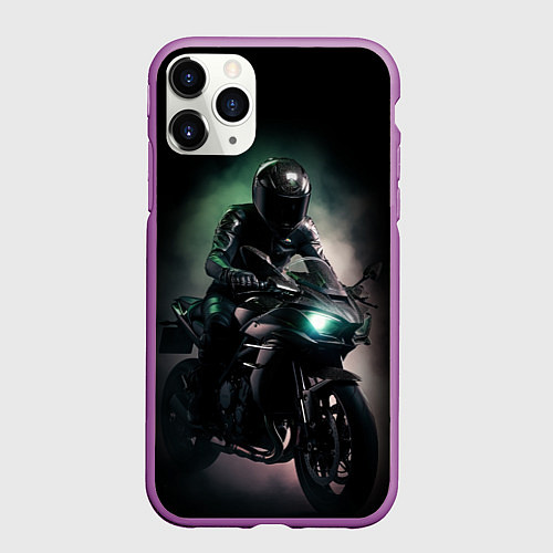 Чехол iPhone 11 Pro матовый Спорт мотоциклист и дым / 3D-Фиолетовый – фото 1