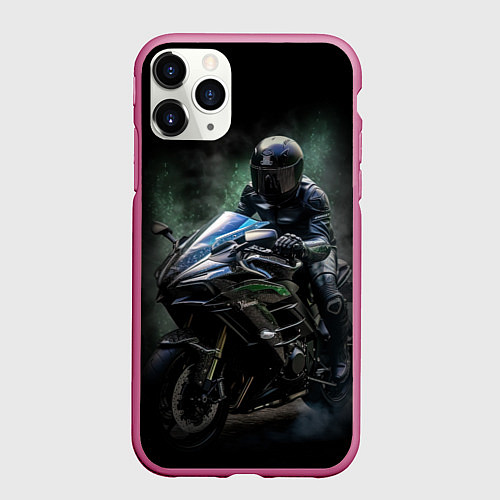 Чехол iPhone 11 Pro матовый Мотоциклист на спортивном байке / 3D-Малиновый – фото 1