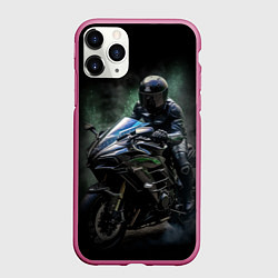 Чехол iPhone 11 Pro матовый Мотоциклист на спортивном байке, цвет: 3D-малиновый