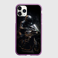 Чехол iPhone 11 Pro матовый Мотоциклист на спортивном байке черный фон, цвет: 3D-фиолетовый