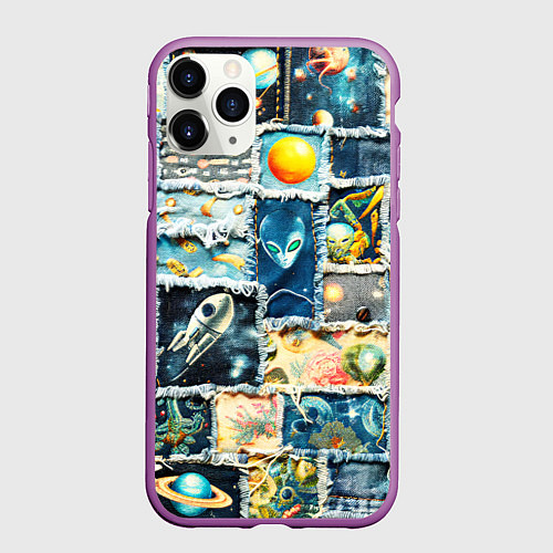 Чехол iPhone 11 Pro матовый Космические обитатели - пэчворк / 3D-Фиолетовый – фото 1