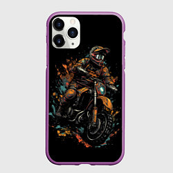 Чехол iPhone 11 Pro матовый Мотоциклист желтые кляксы, цвет: 3D-фиолетовый