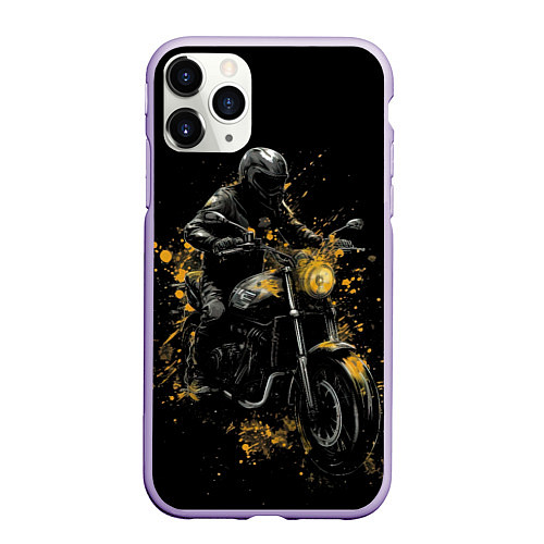 Чехол iPhone 11 Pro матовый Мотоциклист и желтые кляксы / 3D-Светло-сиреневый – фото 1