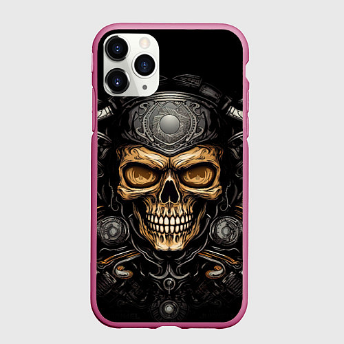 Чехол iPhone 11 Pro матовый Ретро череп мотоциклиста / 3D-Малиновый – фото 1