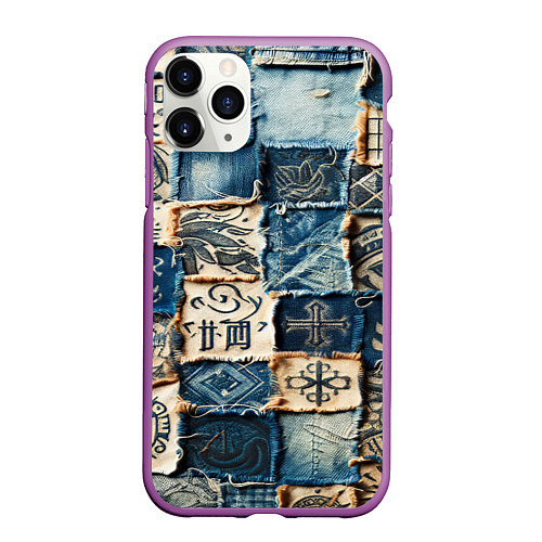 Чехол iPhone 11 Pro матовый Татуировки на дениме / 3D-Фиолетовый – фото 1