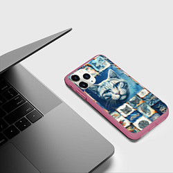 Чехол iPhone 11 Pro матовый Кошка на дениме - пэчворк, цвет: 3D-малиновый — фото 2