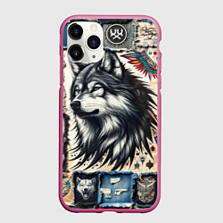Чехол iPhone 11 Pro матовый Волк на дениме Пэчворк
