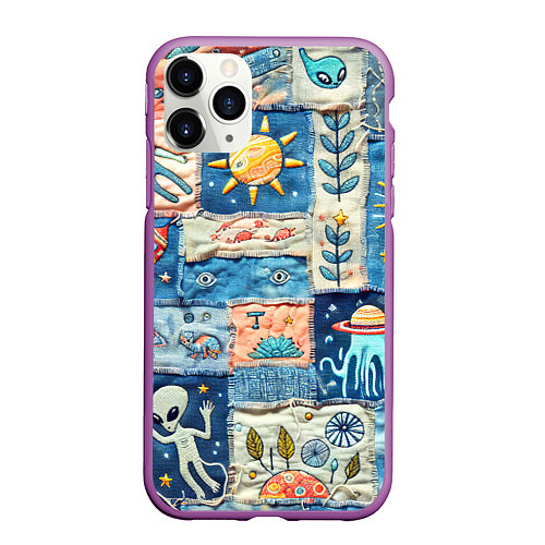 Чехол iPhone 11 Pro матовый Инопланетные обитатели на пэчворке / 3D-Фиолетовый – фото 1