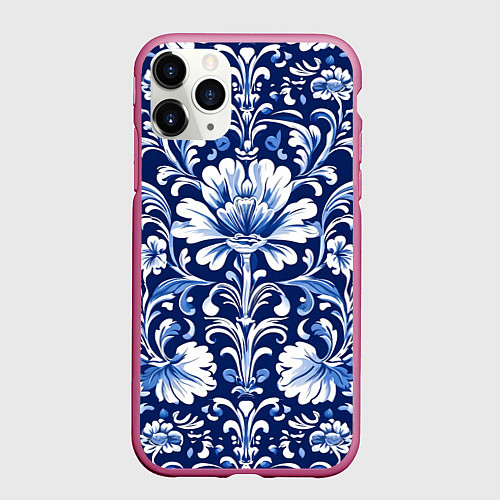 Чехол iPhone 11 Pro матовый Гжель - русский цветочный узор / 3D-Малиновый – фото 1