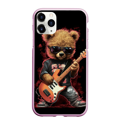 Чехол iPhone 11 Pro матовый Плюшевый медведь музыкант с гитарой / 3D-Розовый – фото 1