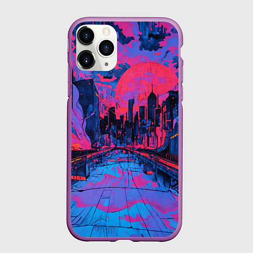 Чехол iPhone 11 Pro матовый Город в психоделических цветах / 3D-Фиолетовый – фото 1