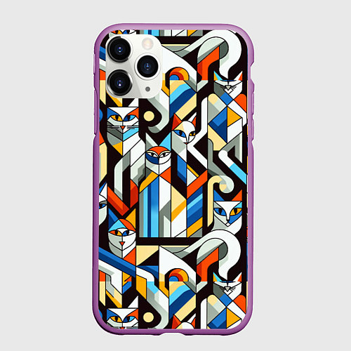 Чехол iPhone 11 Pro матовый Узор с котами / 3D-Фиолетовый – фото 1