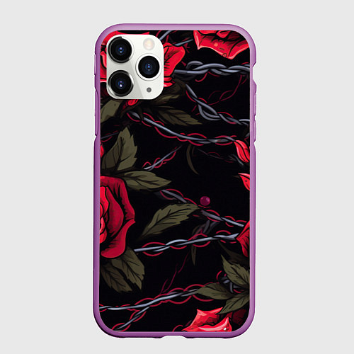 Чехол iPhone 11 Pro матовый Череп и красные розы / 3D-Фиолетовый – фото 1