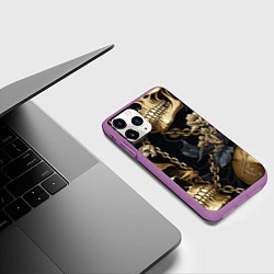 Чехол iPhone 11 Pro матовый Золотые черепа с цепями, цвет: 3D-фиолетовый — фото 2