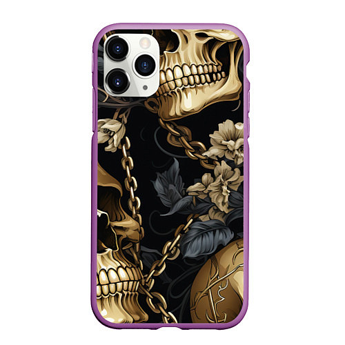 Чехол iPhone 11 Pro матовый Золотые черепа с цепями / 3D-Фиолетовый – фото 1