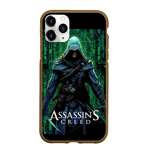 Чехол iPhone 11 Pro матовый Assassins creed зеленый стиль матрицы / 3D-Коричневый – фото 1