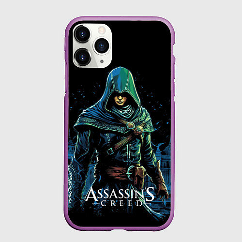Чехол iPhone 11 Pro матовый Assassins creed персонаж нарисован на черном / 3D-Фиолетовый – фото 1