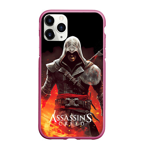 Чехол iPhone 11 Pro матовый Assassins creed огненный фон вокруг / 3D-Малиновый – фото 1