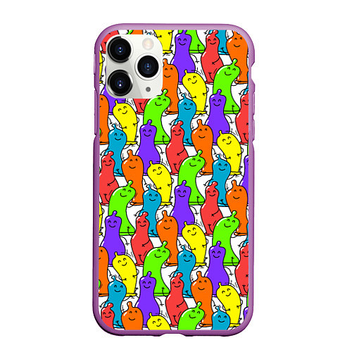 Чехол iPhone 11 Pro матовый Весёлые цветные презервативы / 3D-Фиолетовый – фото 1